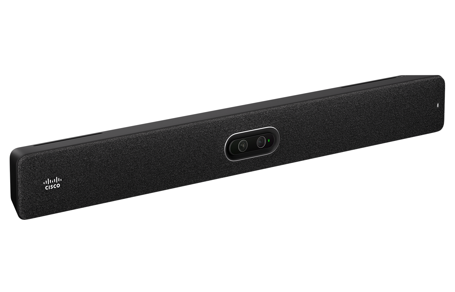 A three-quarter view of the the Cisco Room Bar Pro in the carbon color option.